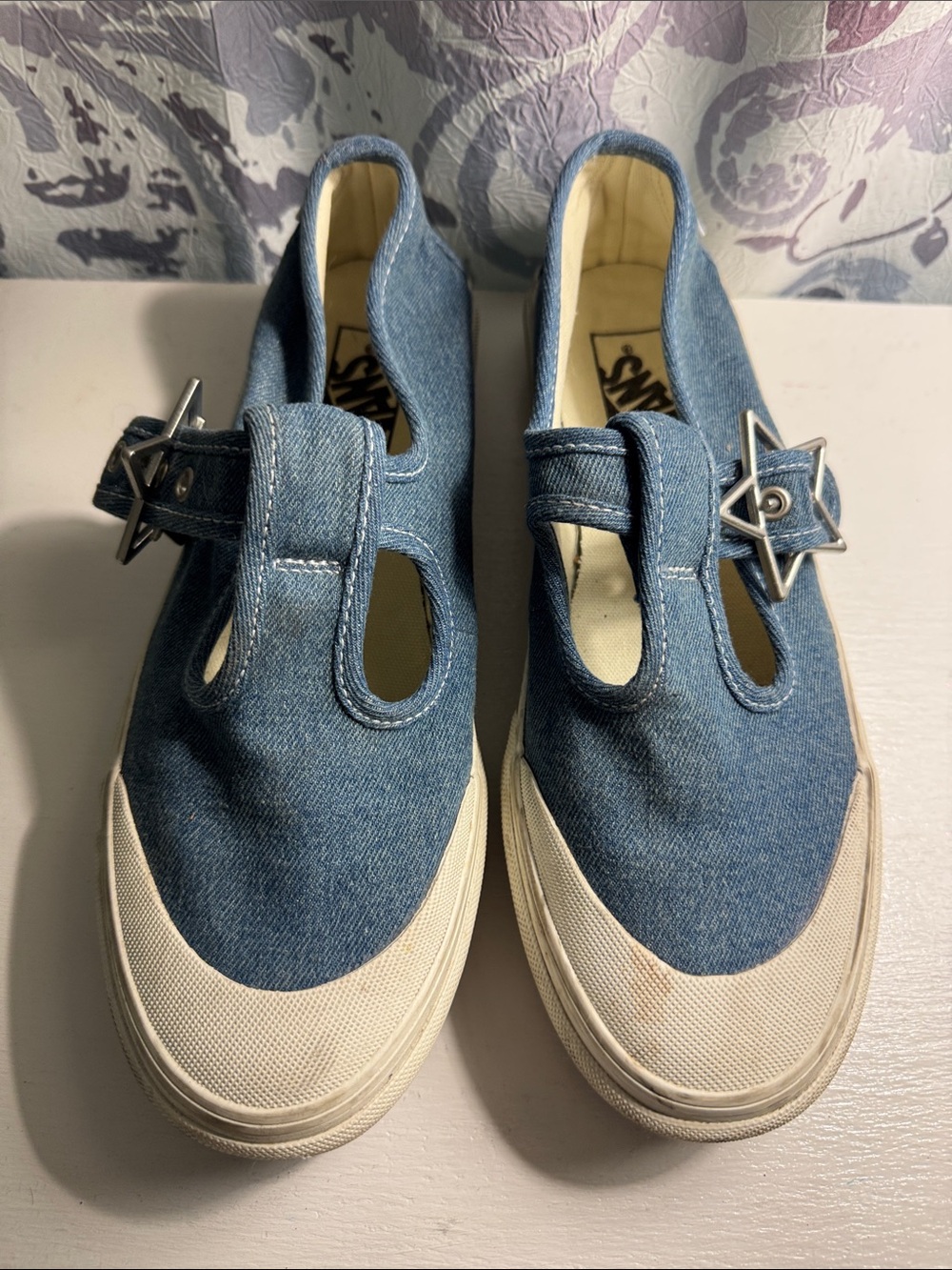 Vans Denim T-Strap Women’s Sneakers with Star Buckles - Blue and White